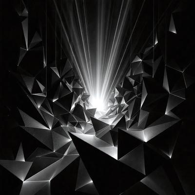 The primary subject of the image is a bright light source, possibly a light bulb or a laser, located in the center of the scene. The light source is surrounded by a series of geometric shapes, creating a visually striking pattern. The setting appears to be a dark room, with the light source illuminating the geometric shapes, giving the image a dramatic and artistic feel. The visual style of the image is a combination of digital art and illustration, with the geometric shapes and light source creating a unique and captivating